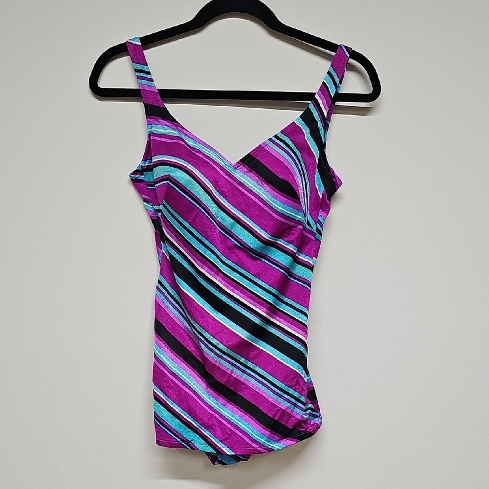 Vtg Rose Marie Reid 70s Swimsuit Purple Turquoise Stripes SZ 12, Elastic Is Bad